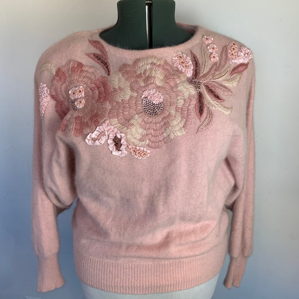 Italian Pink Angora Embroidered Floral Sweater
